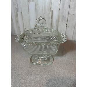 Vintage Indian Depression Clear Lace Footed Candy‎ Dish w/lid